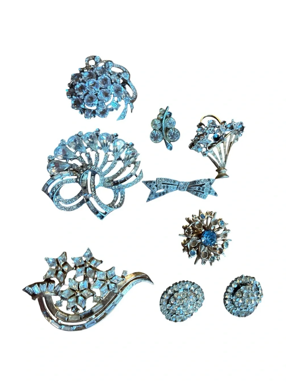 Vintage Clear & Blue Rhinestone Floral Brooch/Pin Bundle ~ 9 Pieces